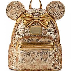 NWT Loungefly Hard tag Minnie Disney Gold Sequin Backpack with Bow